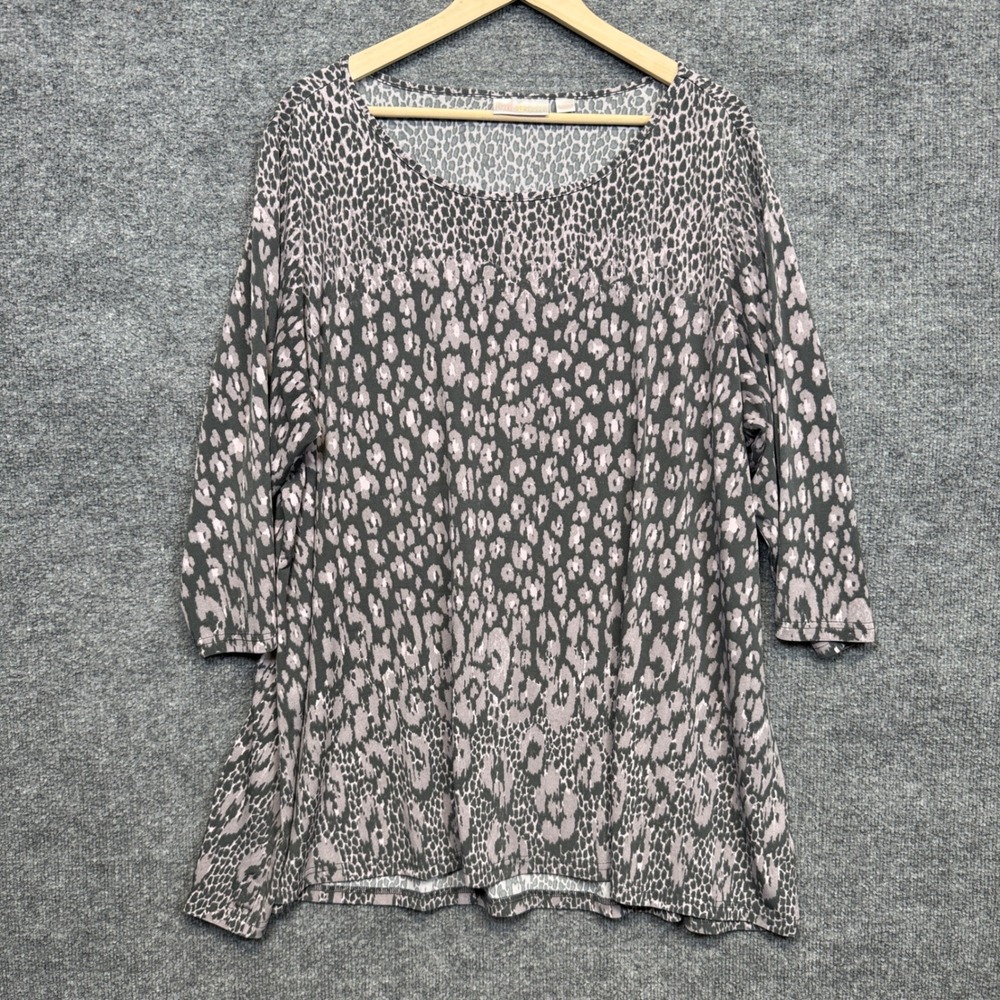 Belle by Kim Gravel Plus Size 2X Tunic Top Gray Animal Print Crew Neck Stretch